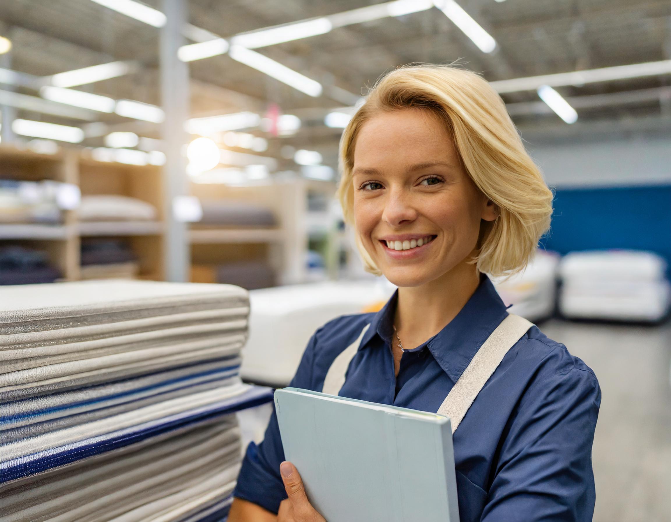 Porträt einer jungen Frau mit blonden Haaren und einem strahlenden Lächeln.