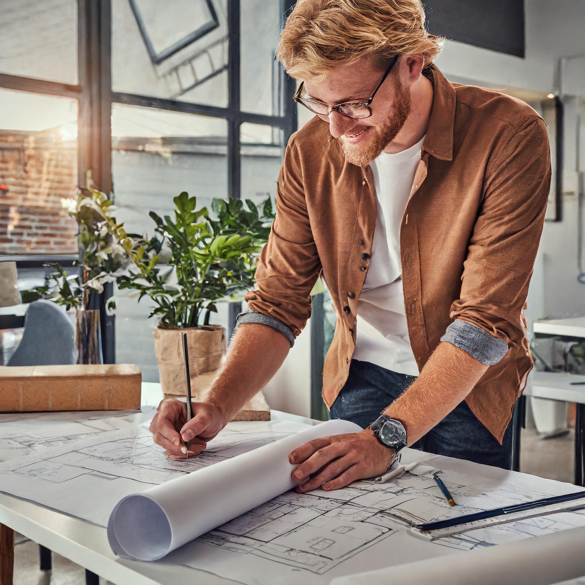 Junger Mann mit kreativem Ausdruck, an einem Schreibtisch sitzend, Skizzen von Pizza-Designs zeichnend